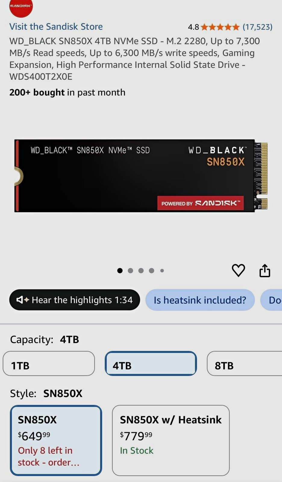 WD_BLACK SN850X 4TB NVMe M.2 2280 Internal SSD Heatsink WDS400T2X0E