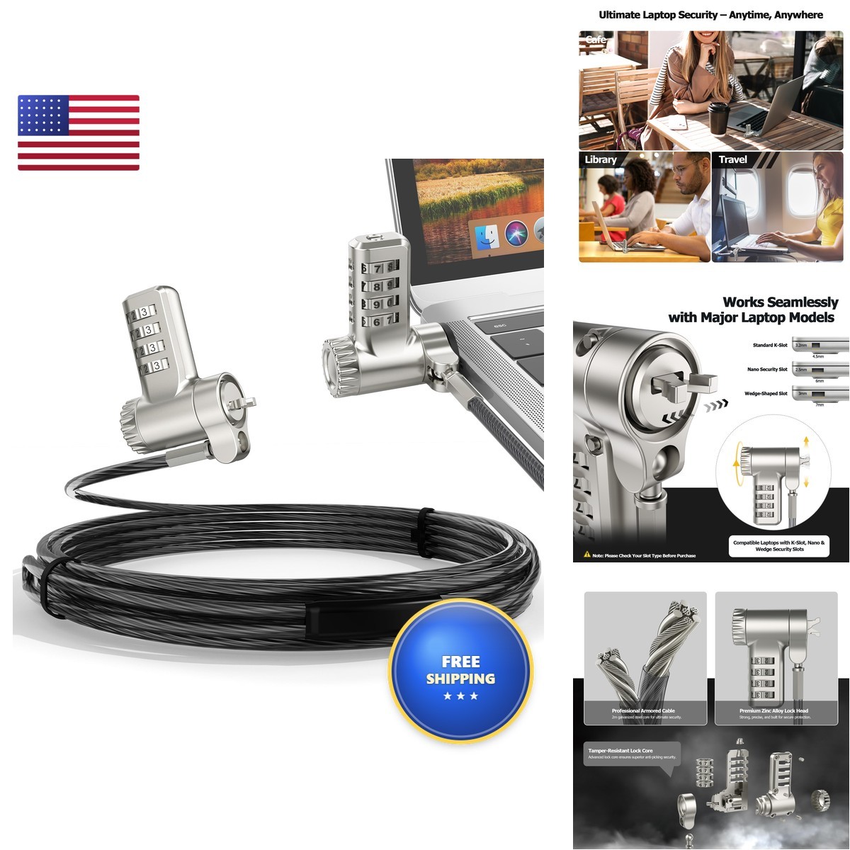 AboveTEK TL-280C 3-in-1 Laptop Cable Lock for K-Slot Nano Wedge - 4-Digit