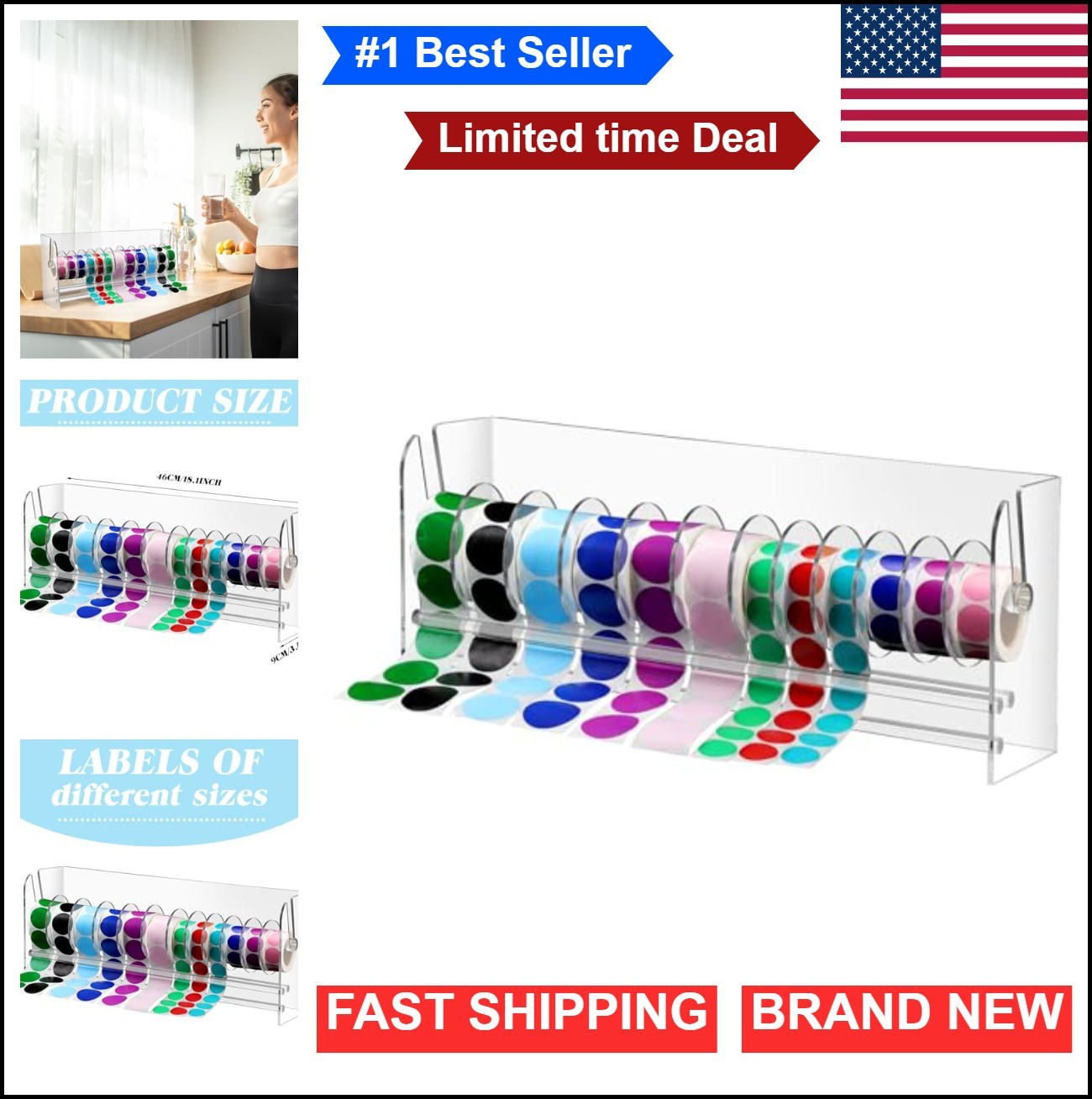 Sticker Holder Organizer Dispenser Acrylic Roll Label,12 Disks | Adjustable for