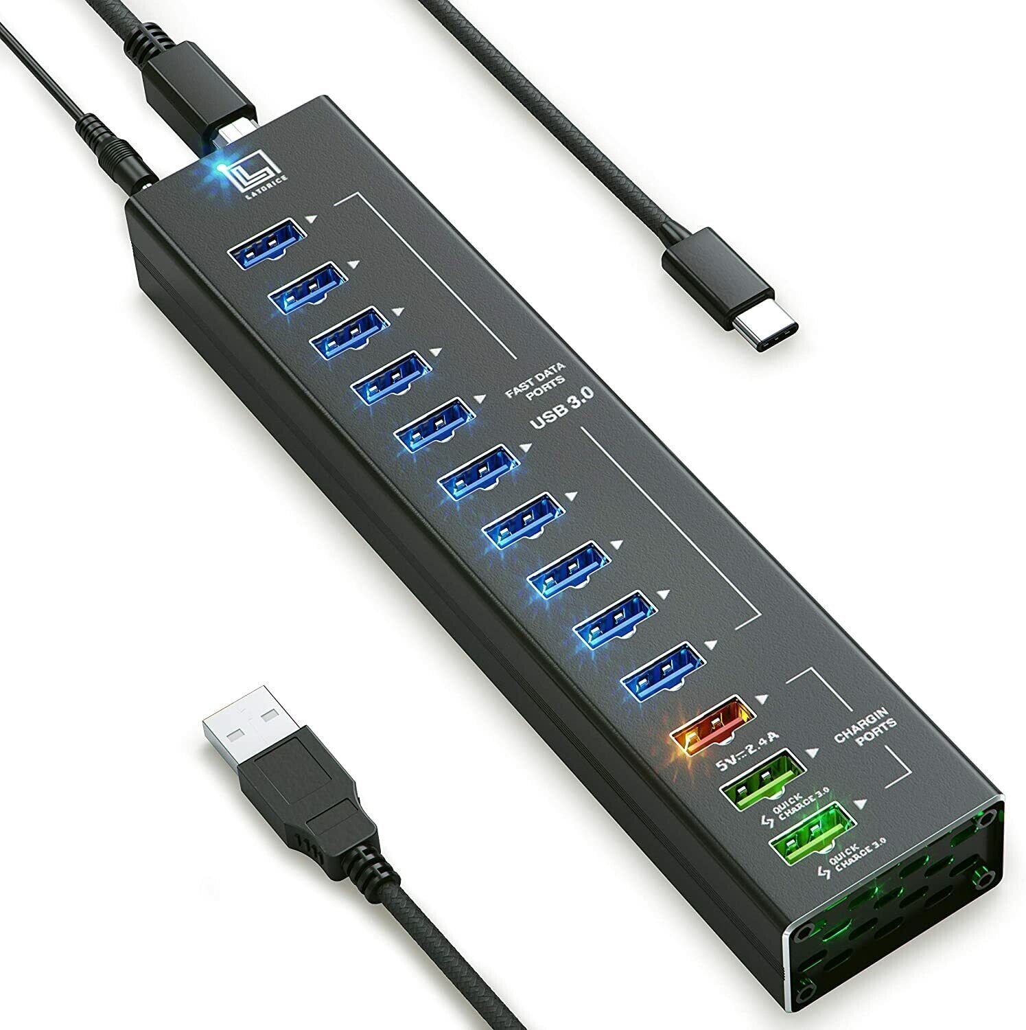 USB Hub Powered, 13 Multi-Port USB Hub with 10 USB 3.0 Ports, 2 IQ Quick Charge 
