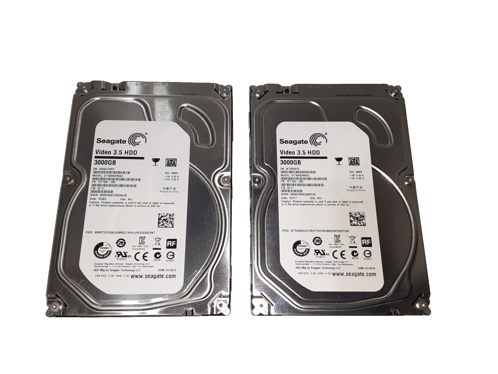 Lot of 2 - Seagate ST3000VM002 3TB 3.5" 5900 RPM SATA Video Internal Hard Drive