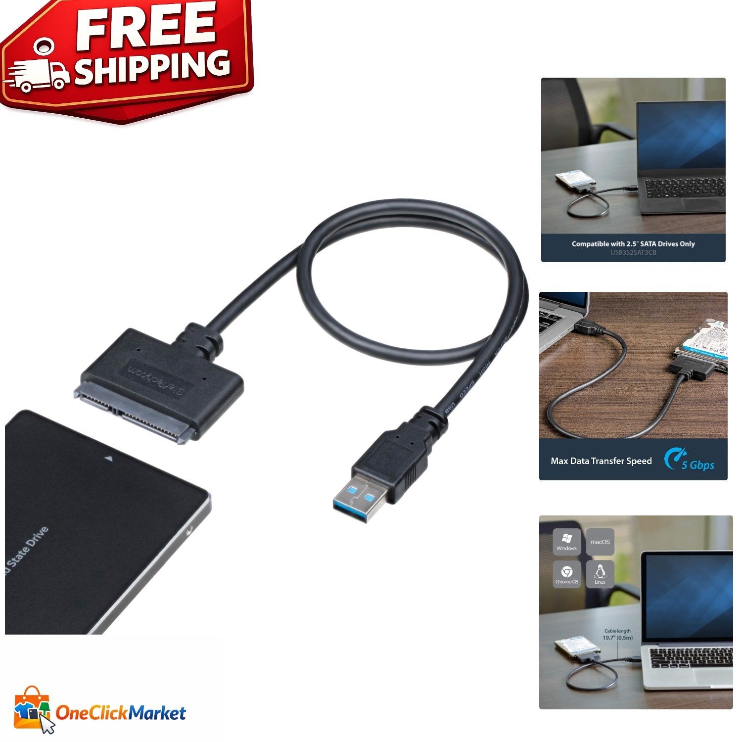 StarTech SATA to USB Adapter: 5Gbps Speed, Portable 2.5in HDD Compatibility