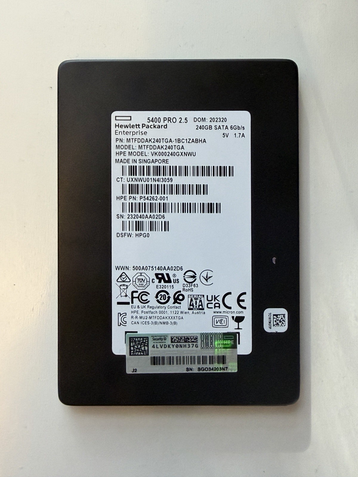 HPE Micron 5400 PRO 240GB 2.5” SATA SSD Enterprise MTFDDAK240TGA 99% Health