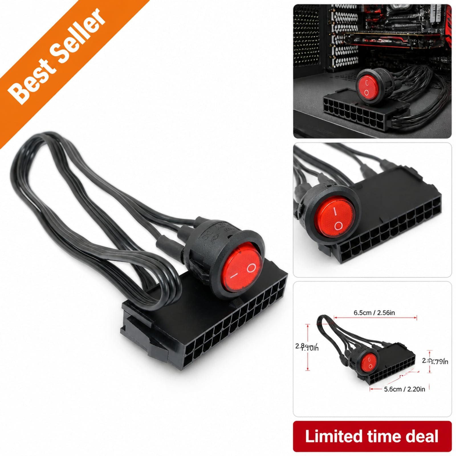 24 Pin Power Supply Tester Jumper Cable On Off Switch 18AWG 50cm Red LED 54cm