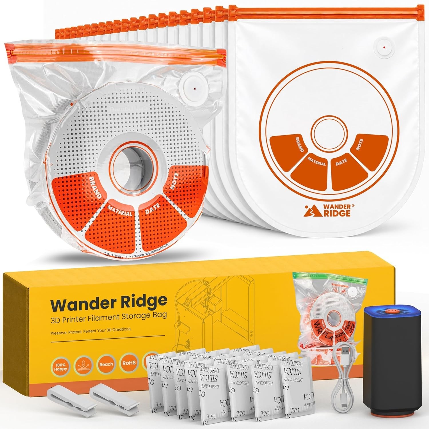 20PCS U-Shaped 3D Filament Storage Bags Kit for PLA PETG ABS TPU, Pump,Desiccant