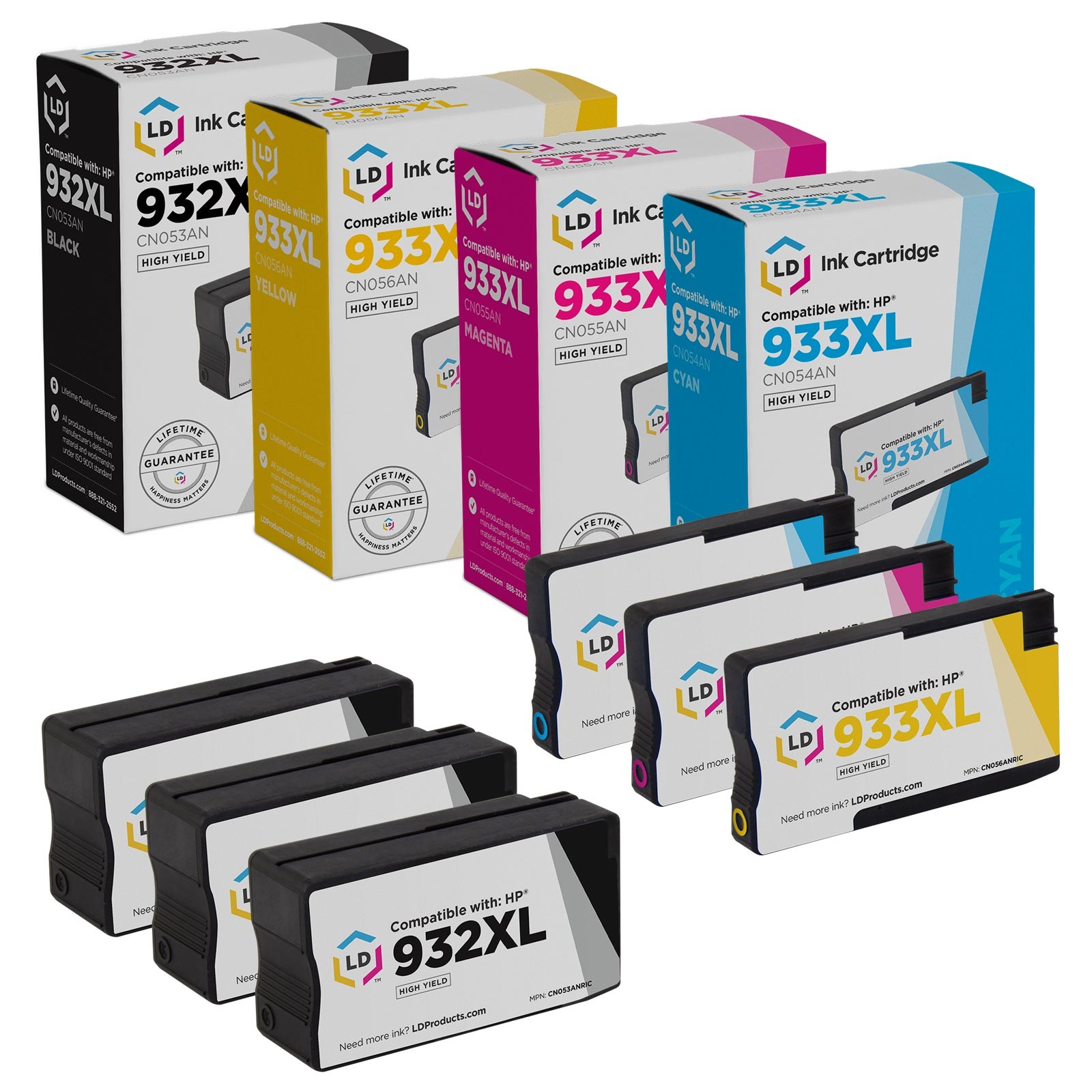 LD &copy; Reman Replacement HP 932Xl 933XL 6pk HY Ink CN053AN CN054 CN055 CN056