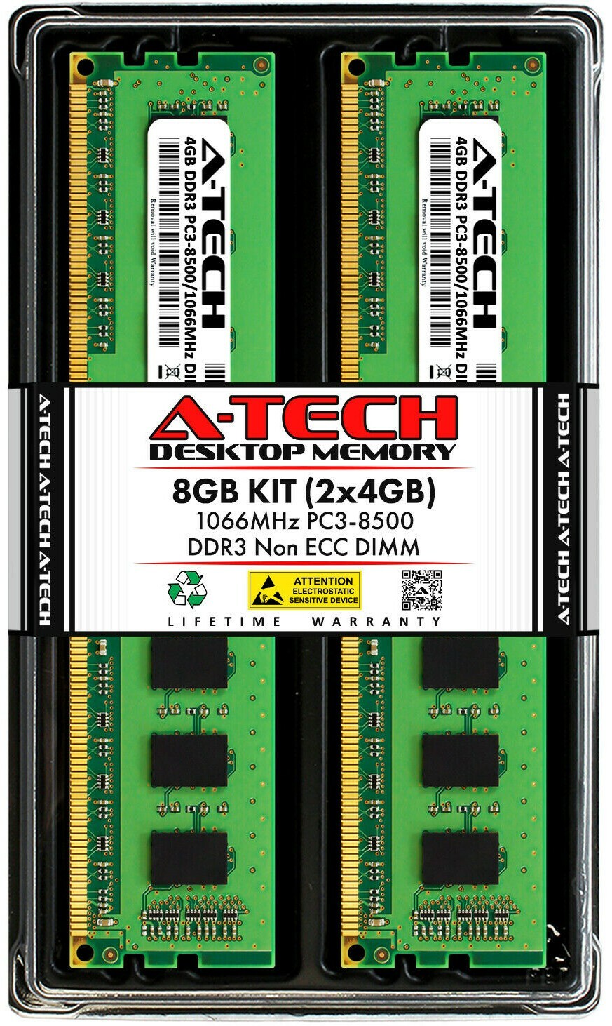 A-Tech 8GB 2 x 4GB PC3-8500 Desktop DDR3 1066 MHz 240-Pin DIMM Memory RAM 4G 8G