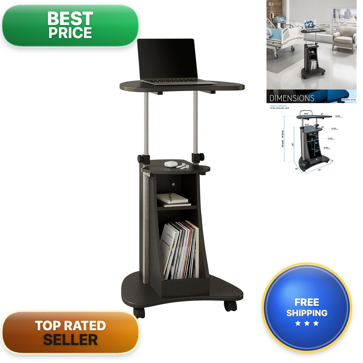 Techni Mobili Adjustable Height Rolling Laptop Cart Storage - Graphite