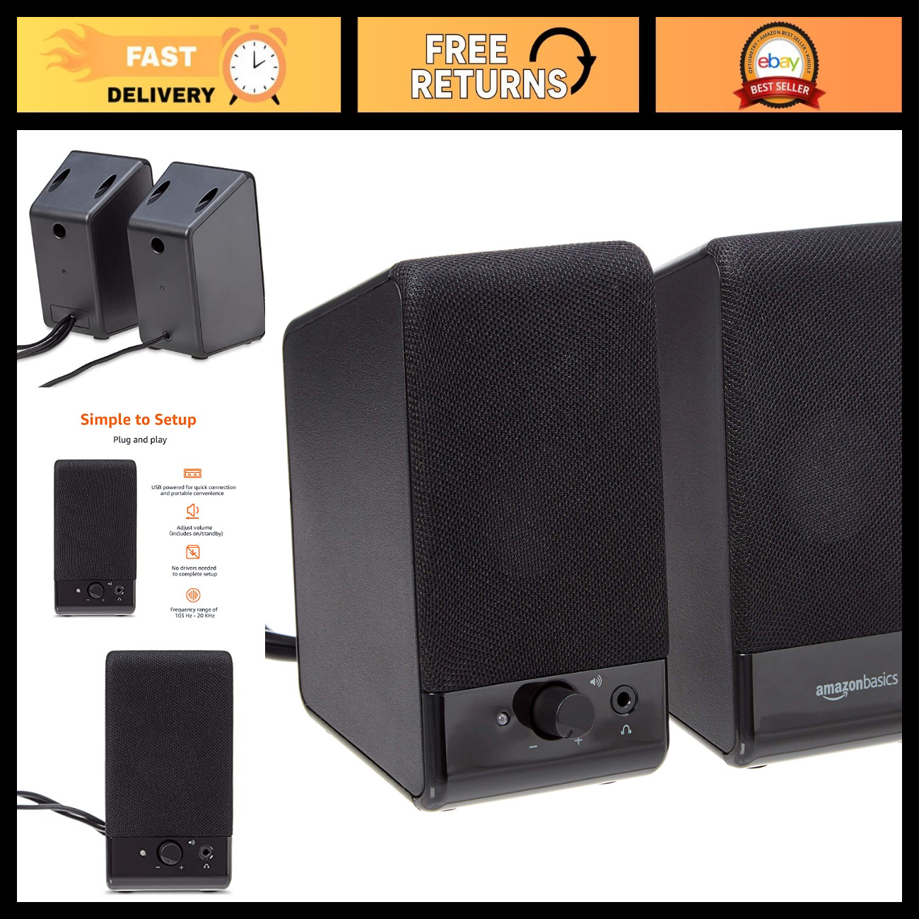 USB-Powered Computer Speakers with Volume Control, Compact & Portable, Plug-N-Pl