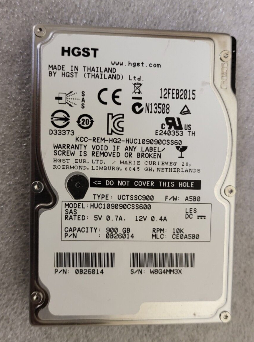 HGST HUC109090CSS600 HDD 900GB SAS 10K 2.5" 0B26014 512 b/s TESTED US SELLER