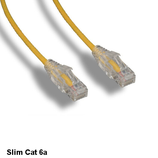 Kentek Yellow 3' Slim Mini Cat6a Patch Cord 28AWG UTP Bare Copper Ethernet RJ45