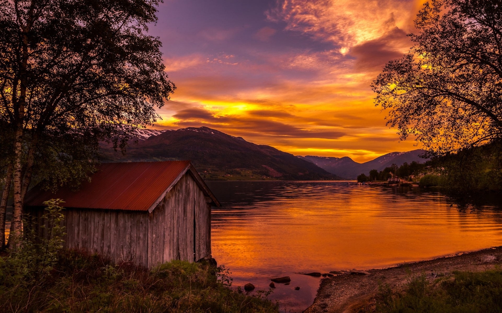 Landscape nature boathouses lake sunset norway trees Custom Gaming Mat Desk