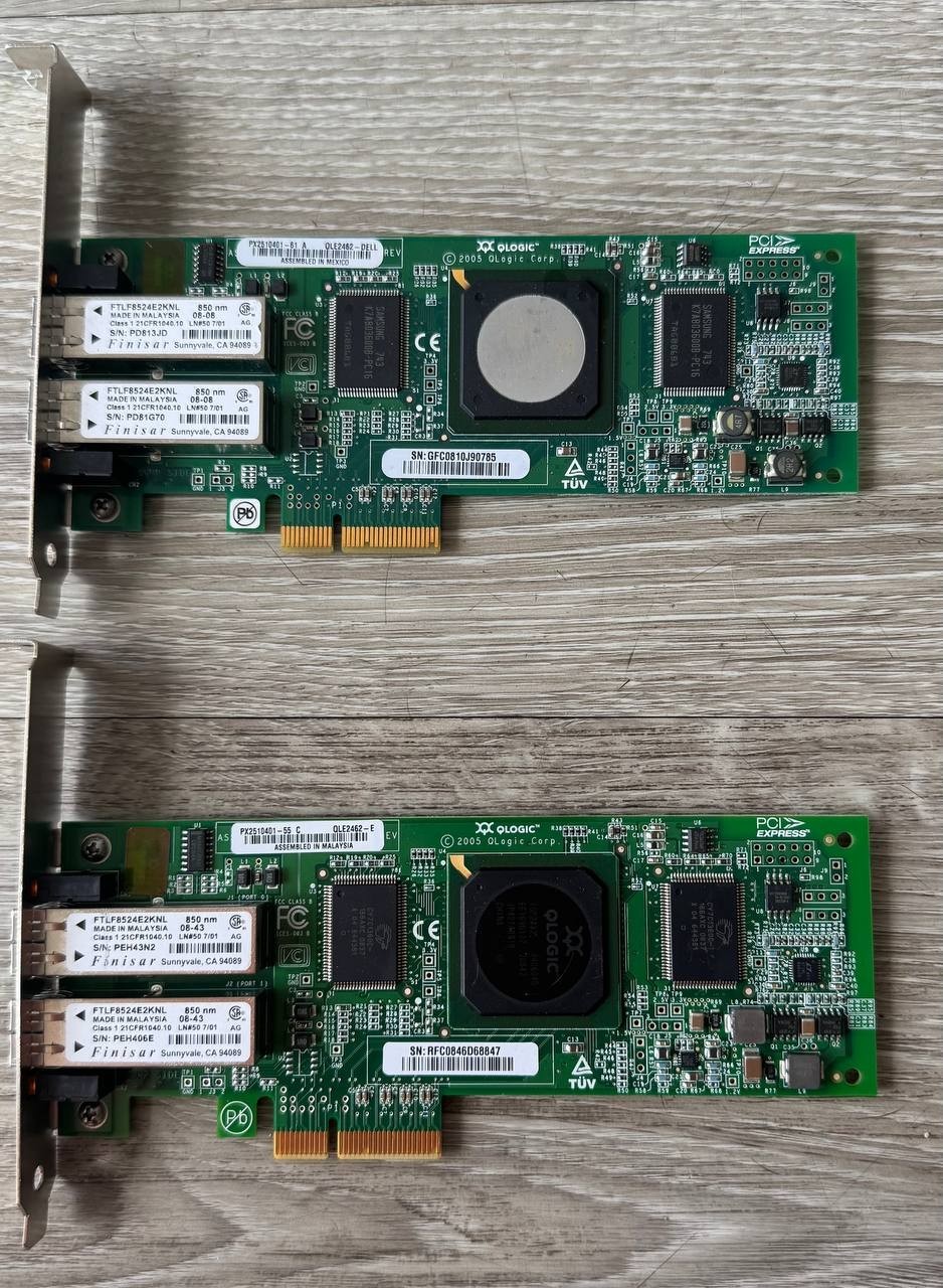 Lot of 2 QLogic QLE2462 PCI-E Dual Port Fibre Channel HBA w/ Finisar SFPs