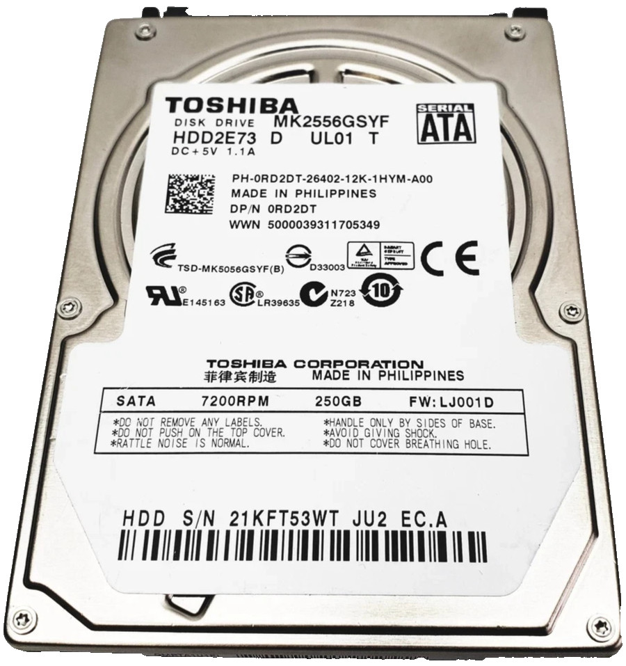 Toshiba MK2556GSYF 250GB 2.5" SATA 7200RPM Laptop Hard Drive HDD 0RD2DT HDD2E73