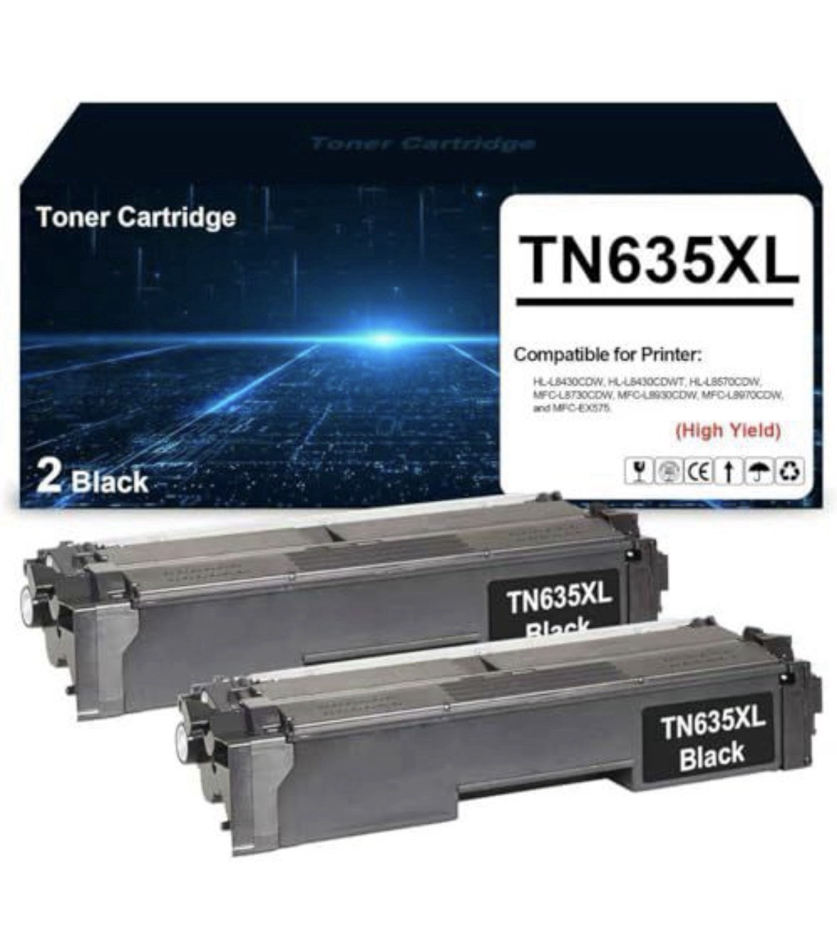 TN635XL Black Toner Cartridge 2 Pack High Yield Compatible Brother HL MFC