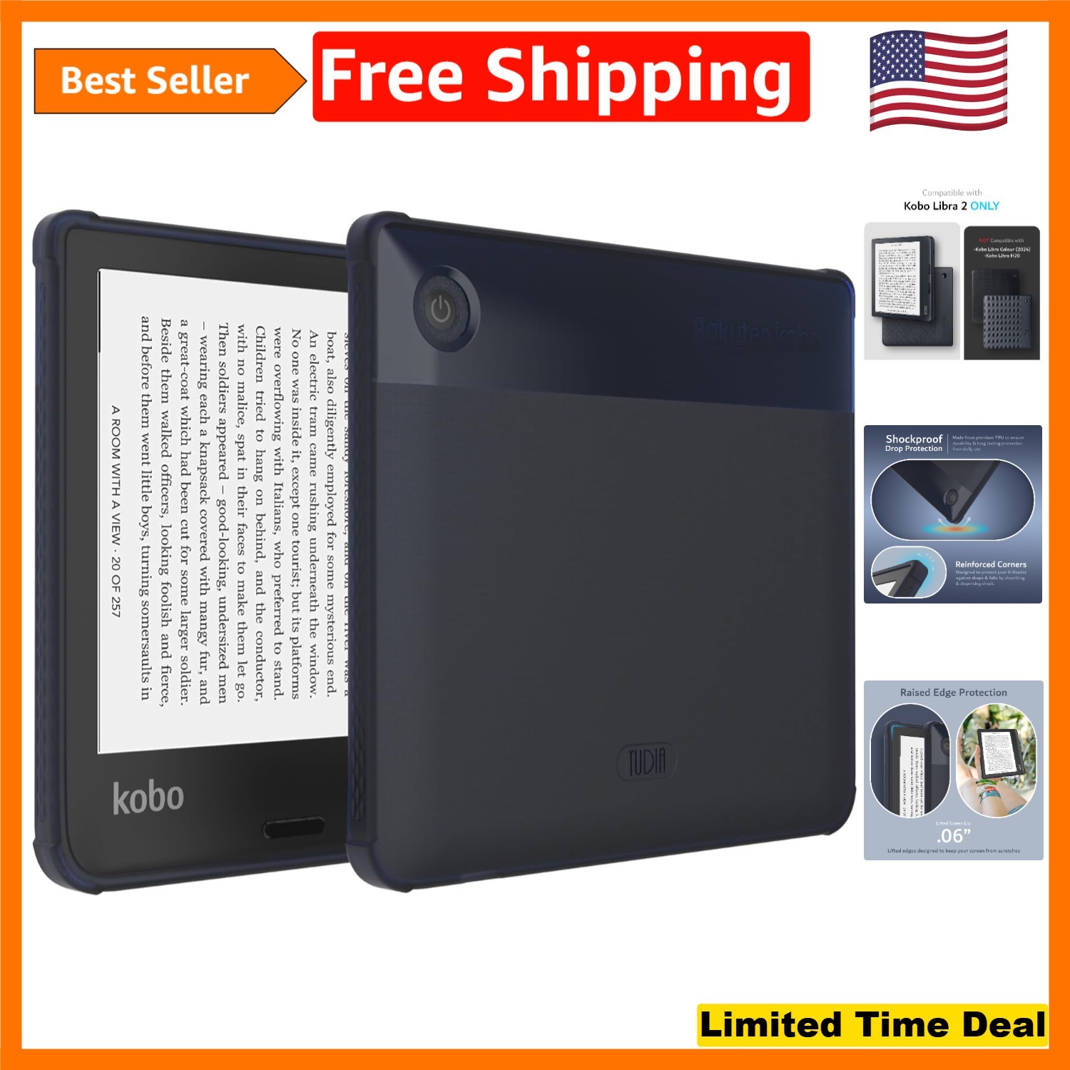 Kobo Libra 2 7" Slim Fit Protective Cover - Frosted Blue Lightweight TPU Bumper