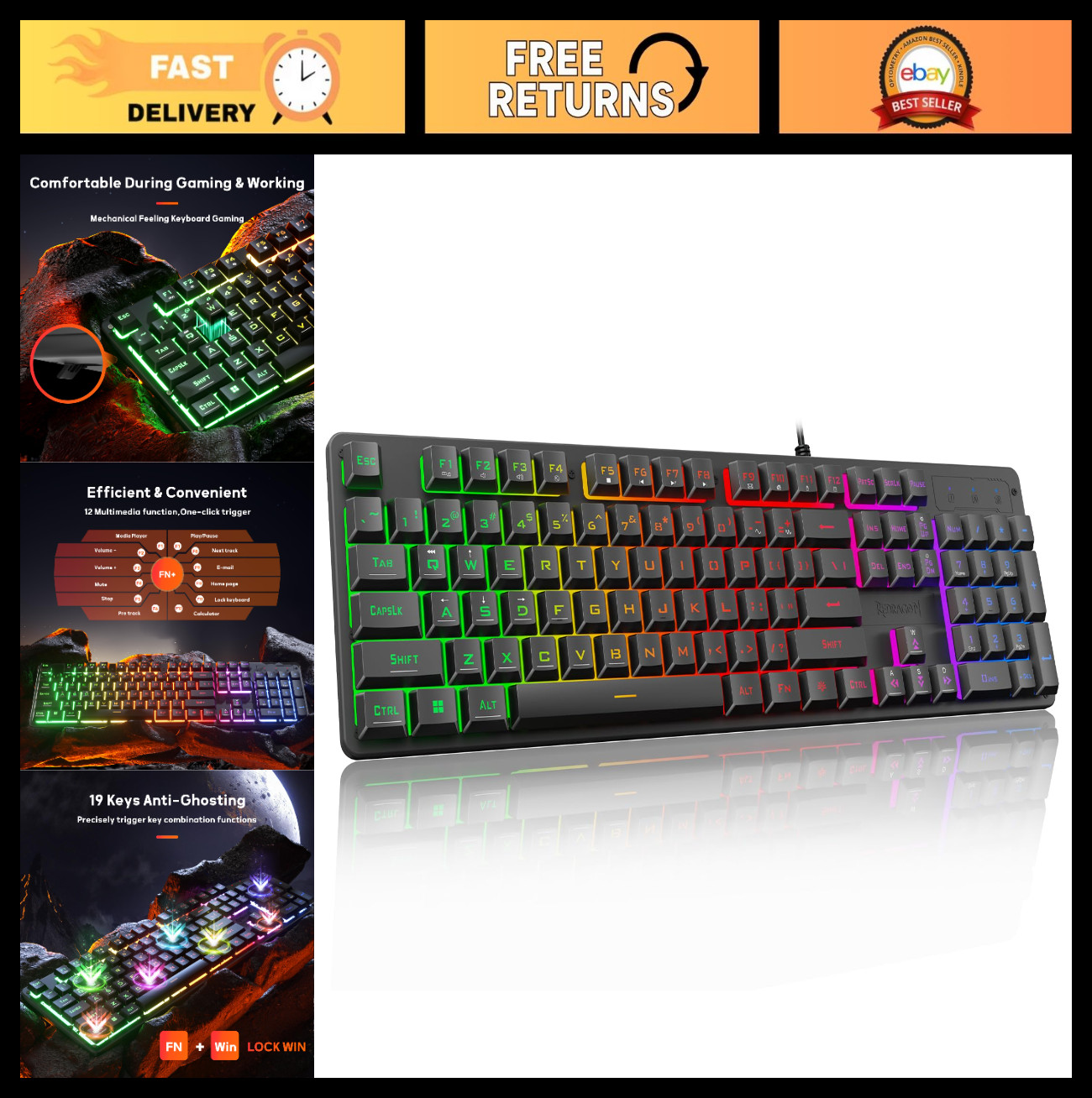 Rainbow LED Gaming Keyboard - 104 Keys Wired Mechanical, Backlit, Anti-Ghosting,