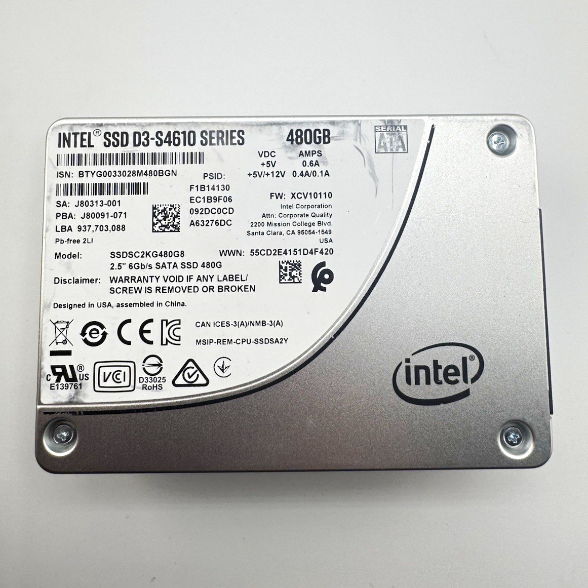 Lot of 5 Intel 480gb SATA SSDs D3-S4610 Series - Tested