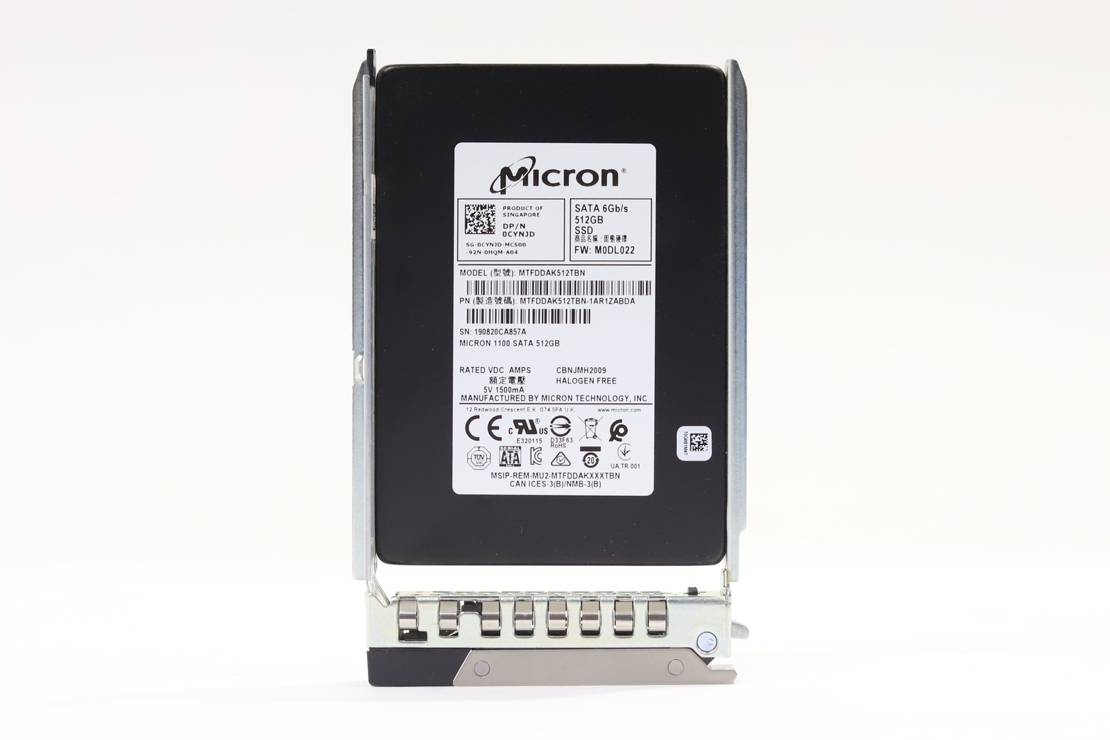 Micron MTFDDAK512TBN 512GB 2.5" 6Gb/s 3D TLC SATA SSD W/Caddy Dell P/N: 0CYNJD