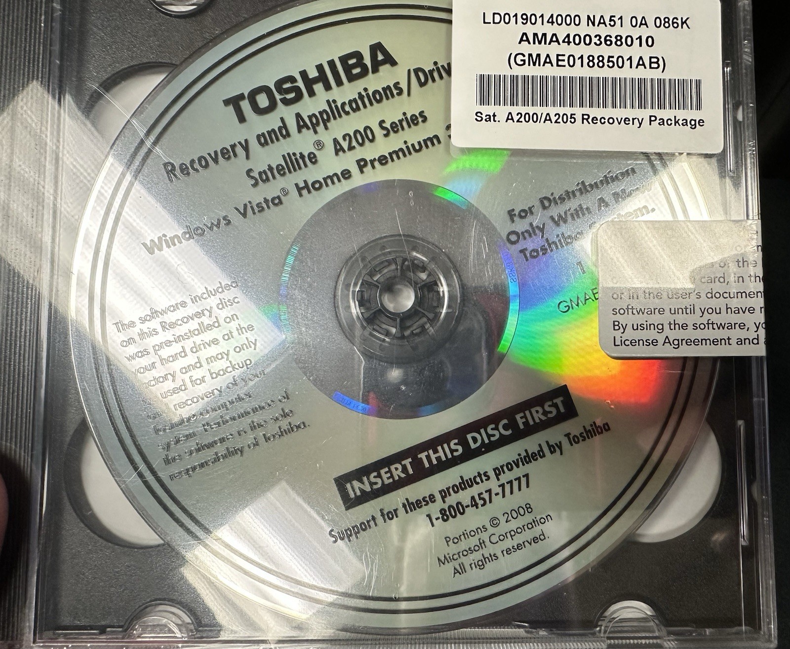 Toshiba Recovery and Applications/Drivers Media Instructions DVD Satellite A200