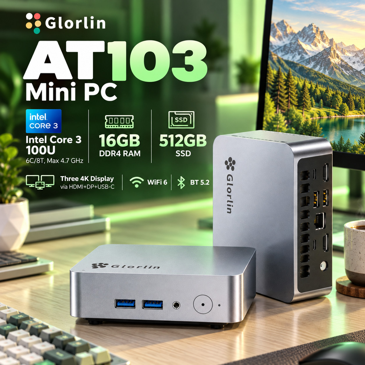 Glorlin AT103 Mini PC Intel Core 3 100U 16GB DDR4 512GB SSD WiFi 6 BT5.2 4K HDMI