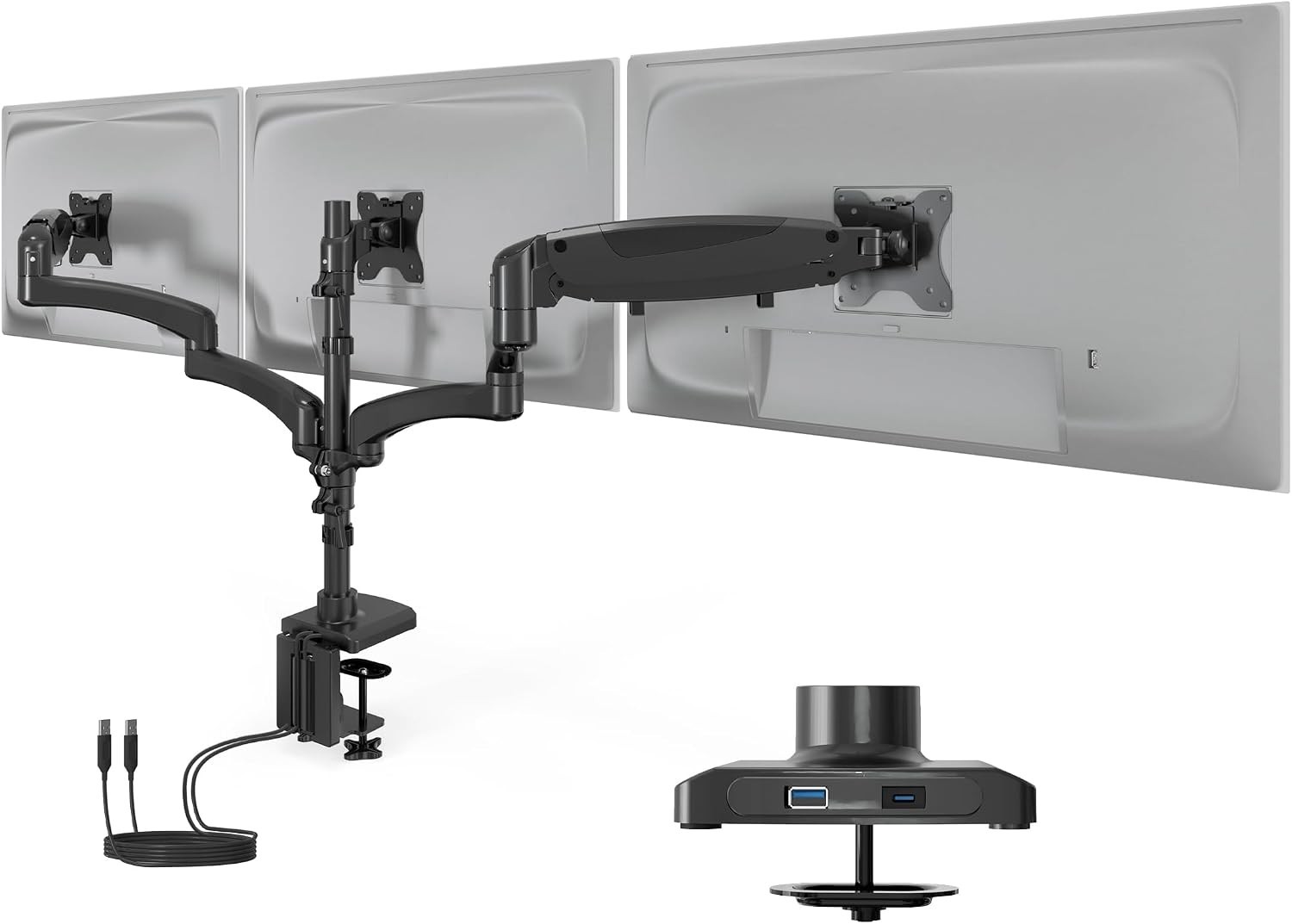 Mount-It Triple Monitor Desk Stand USB-A & C Black Gas spring arms hold up to