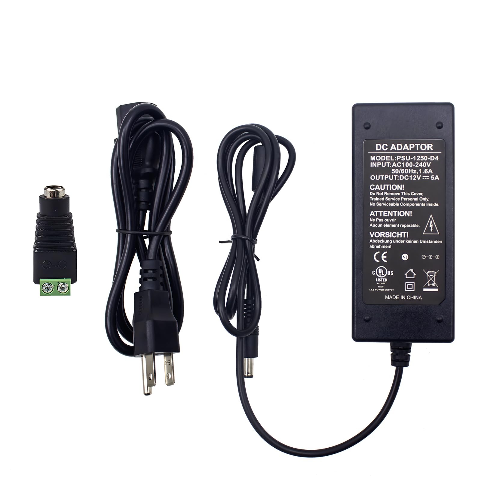Ultra PoE UL Listed 12V 5A Power Adapter 60W AC 12V-5000mA, 12V-5000mA