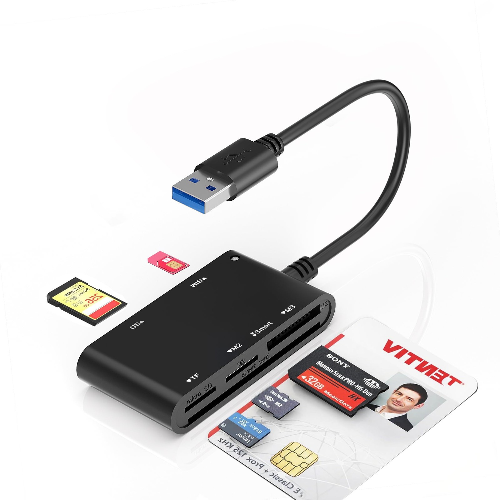 SIM Card Adapter for Computer - 7 in 1 CAC Smart USB A Reader,Black 