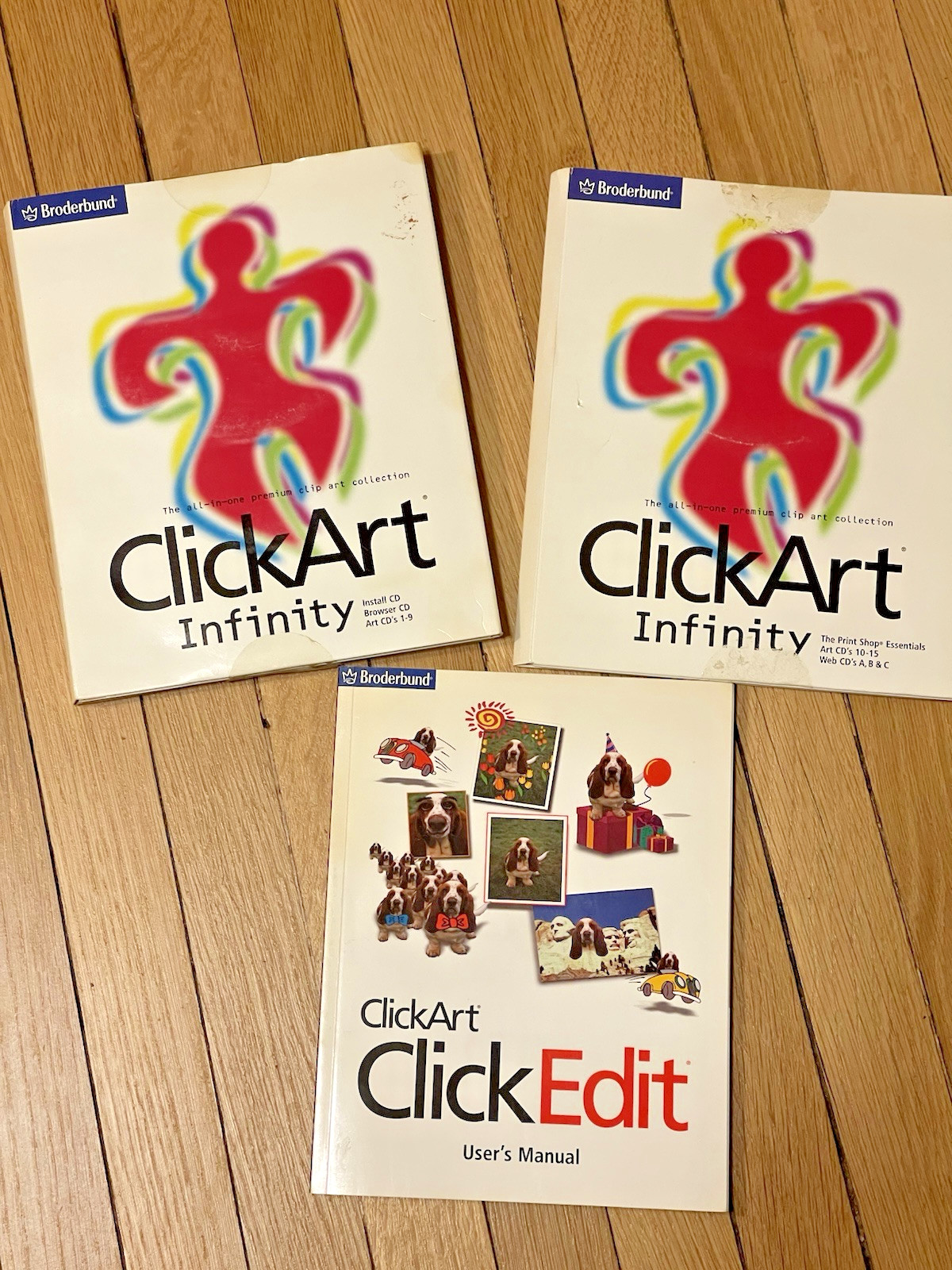 BRODERBUND Click Art Infinity CD 1-9 & 10-15 Print Shop Essentials w/ Manual