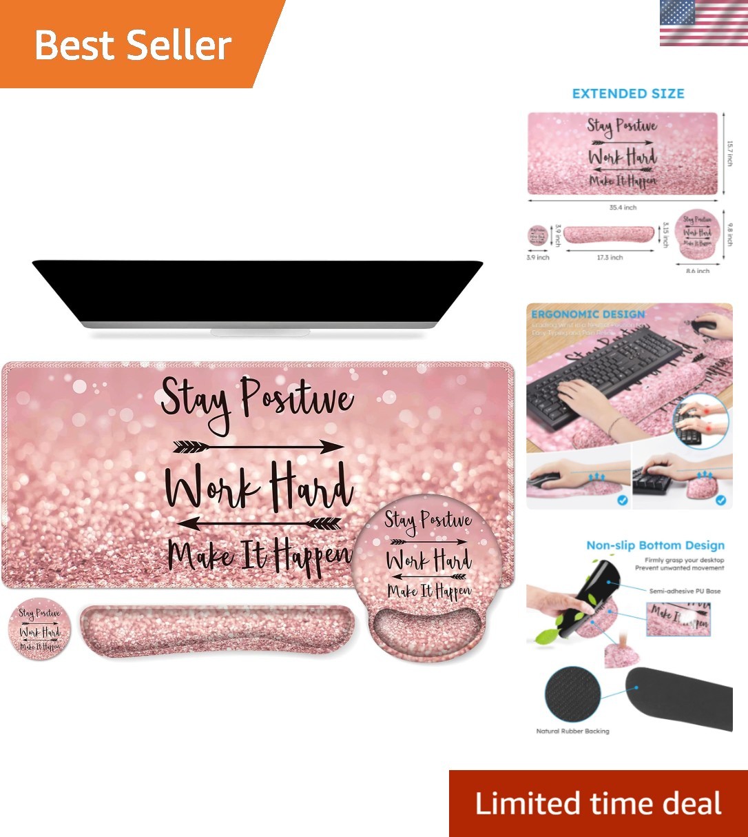 Mouse Pad,Large Pink Desk Mat Set, 4in1 XXL Mousepad + Keyboard Wrist Rest+Mo...