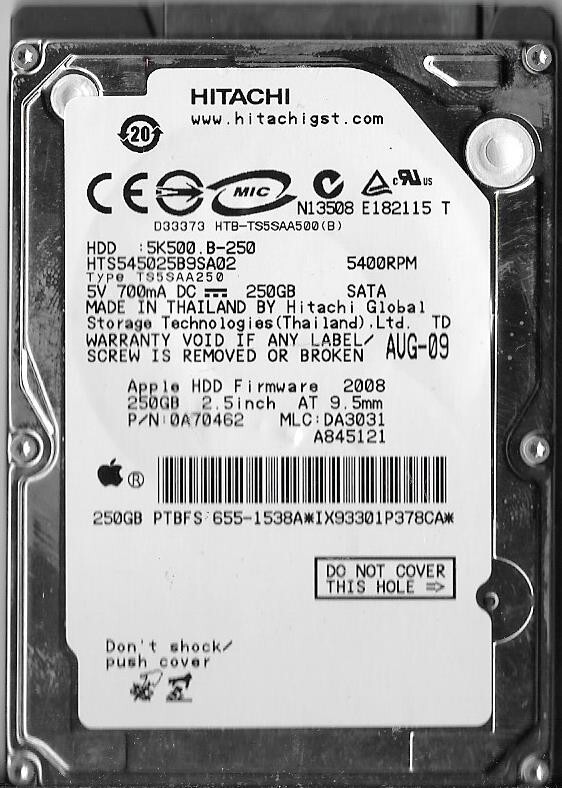 Hitachi HTS545025B9SA02 250GB Sata Hard Drive P/N: 0A70462 MLC: DA3031