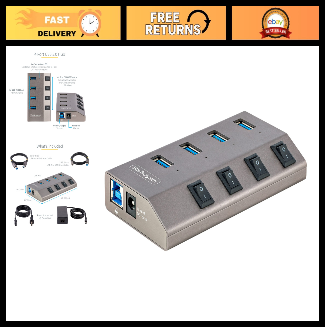 4-Port USB-C Hub 5Gbps with Switches, Fast Data Transfer, Compact Design