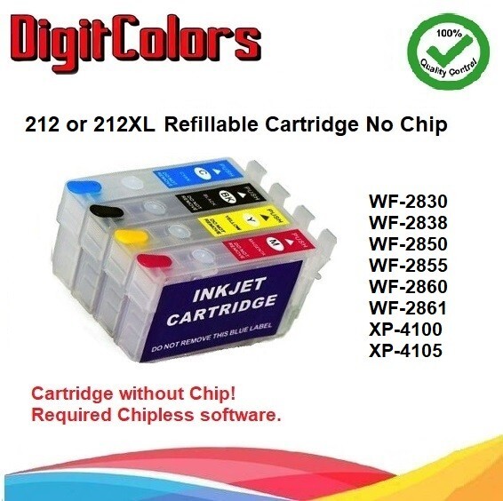 212 212XL Alternative No Chip Refillable Cartridge fits WF-2850 XP-4100 WF-2830