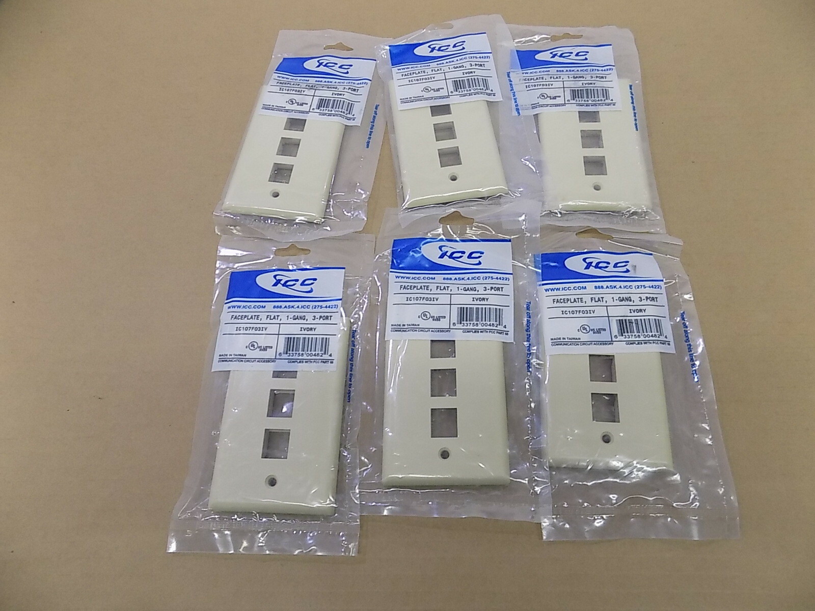 ICC TELEPHONE FACEPLATE WALL PLATE / NEW / IVORY / 1 GANG - 3 PORT / LOT OF 6