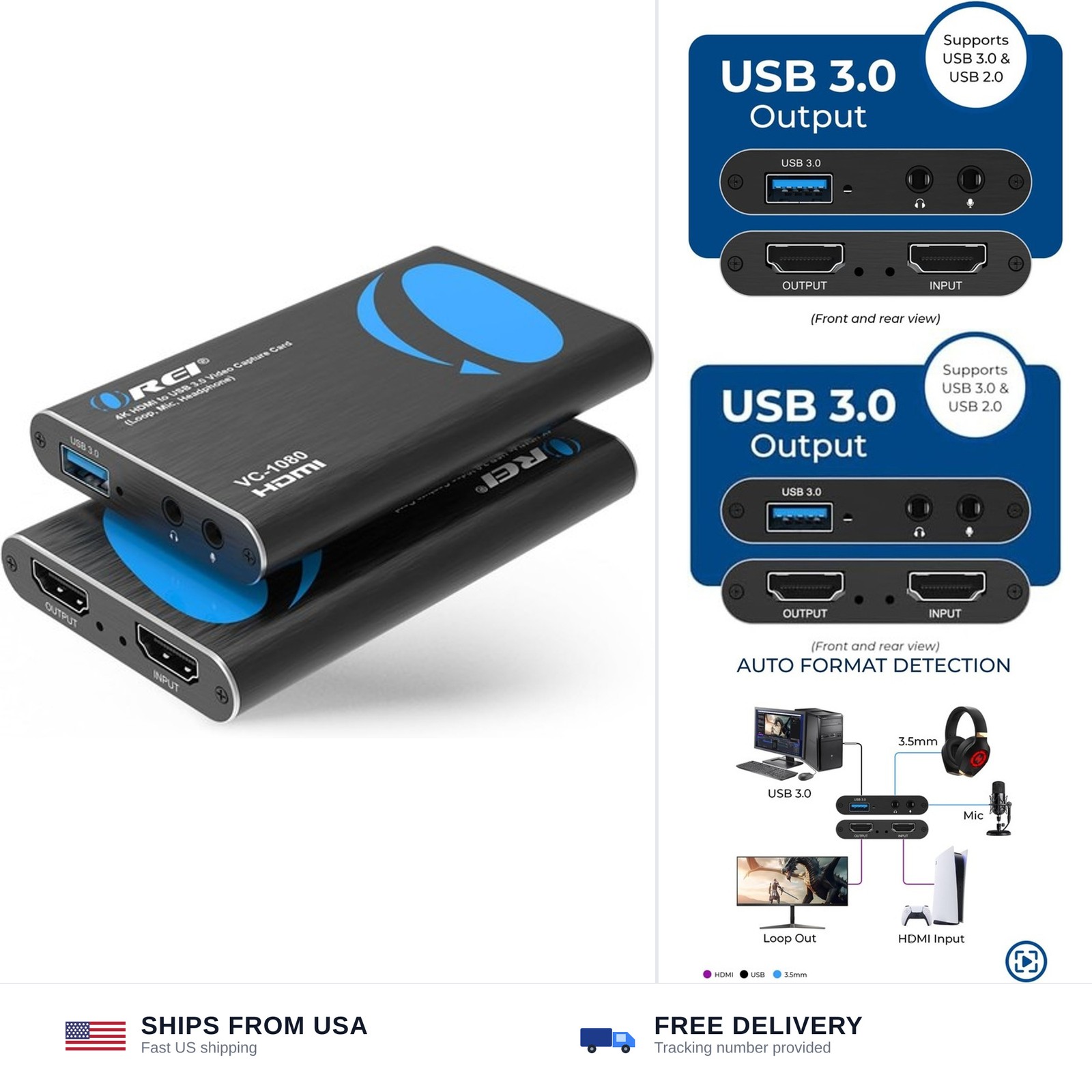 OREI 4K@30Hz HDMI Video Capture Card USB 3.0, Loop-Out, UVC UAC 48 KHz PCM