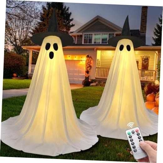 Halloween Ghost Decorations - 2 Pack 59" Lighted Ghosts with Standing Ghost