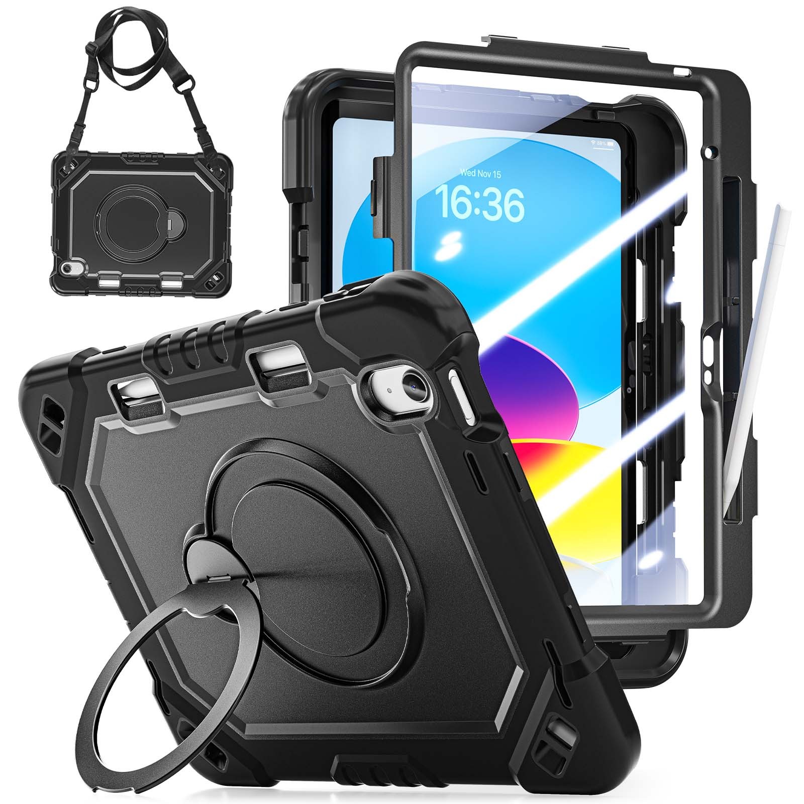 For iPad 11th/10th Gen Case Heavy Duty Rugged Stand Cover w/ Screen Film & Strap
