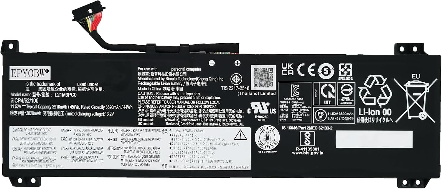 L21M3PC0 Laptop Battery 45Wh 3910mAh 11.52V L21D3PC0 L21C3PC0 Compatible