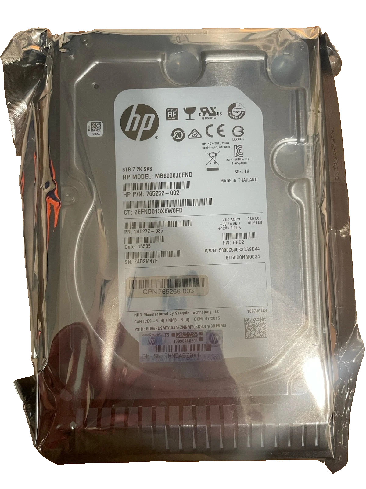 HP 765252-002 mb6000jefnd st6000nm0034 6TB 12G SAS 7.2K 512e LFF SC HDD