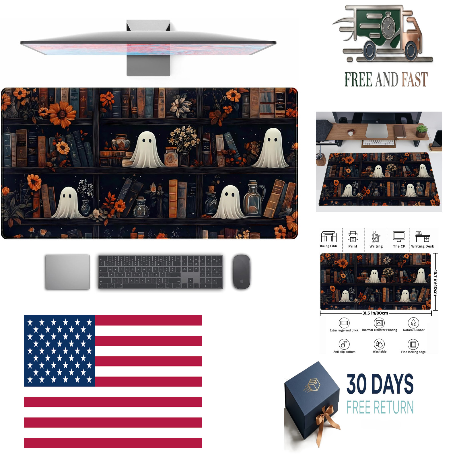 Cute Ghost Desk Mat Dark Vintage Large Mouse Pad Gaming Black Mouse Pad XXL