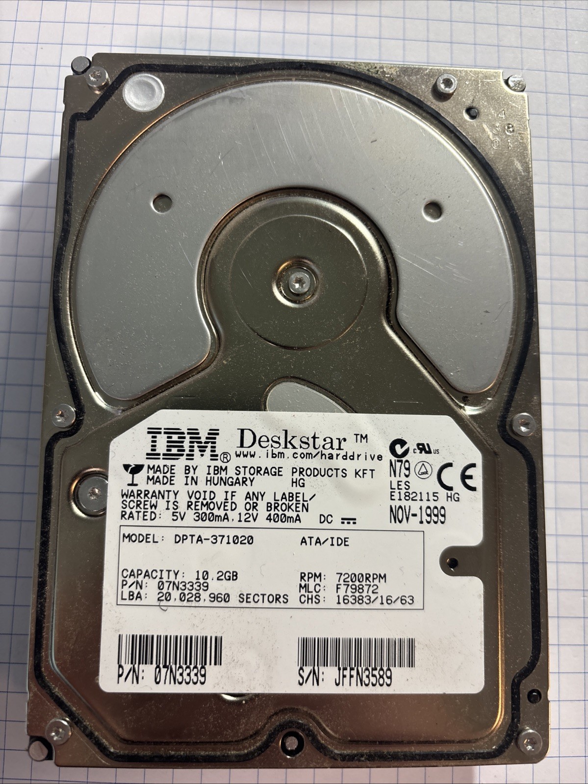 IBM Deskstar 10.2GB 7.2k 07N3339 3.5” IDE Hard Disk Drive HDD