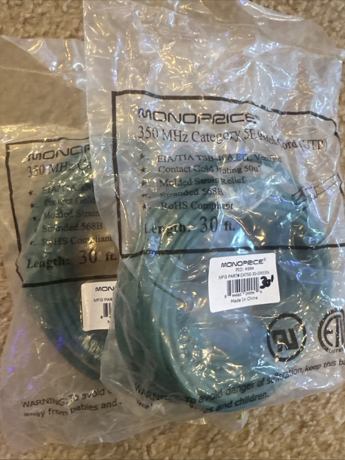 2x Cat5e 30ft CAT5e Monoprice Ethernet Network LAN Router cables -Green