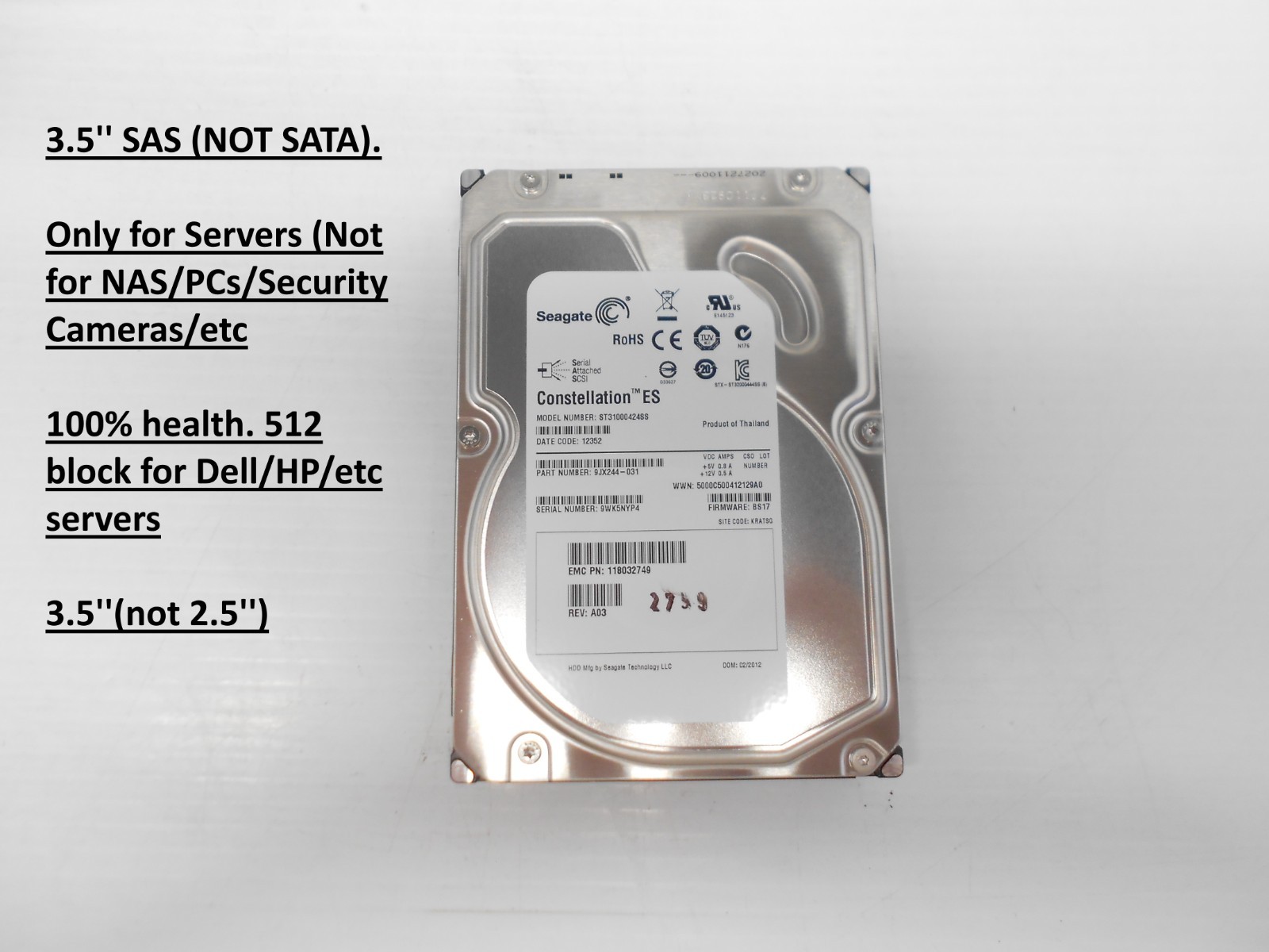 Seagate 1TB 6G SAS 3.5" Server Hard Drive ST31000424SS Dell HP Supermicro 512B