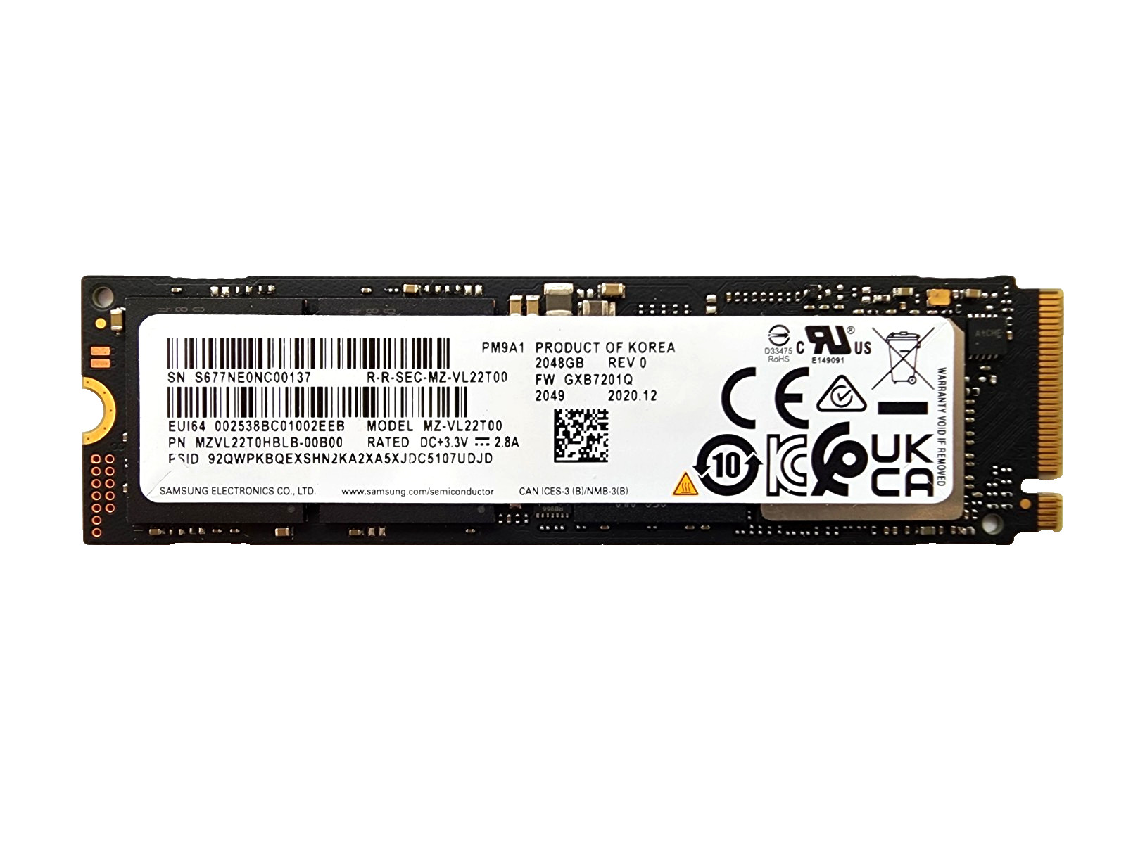 Samsung 2280mm MZ-VL22T0A 2TB M.2 NVMe Gen 4.0 x 4 SSD PM9A1 tested NEW w/o box