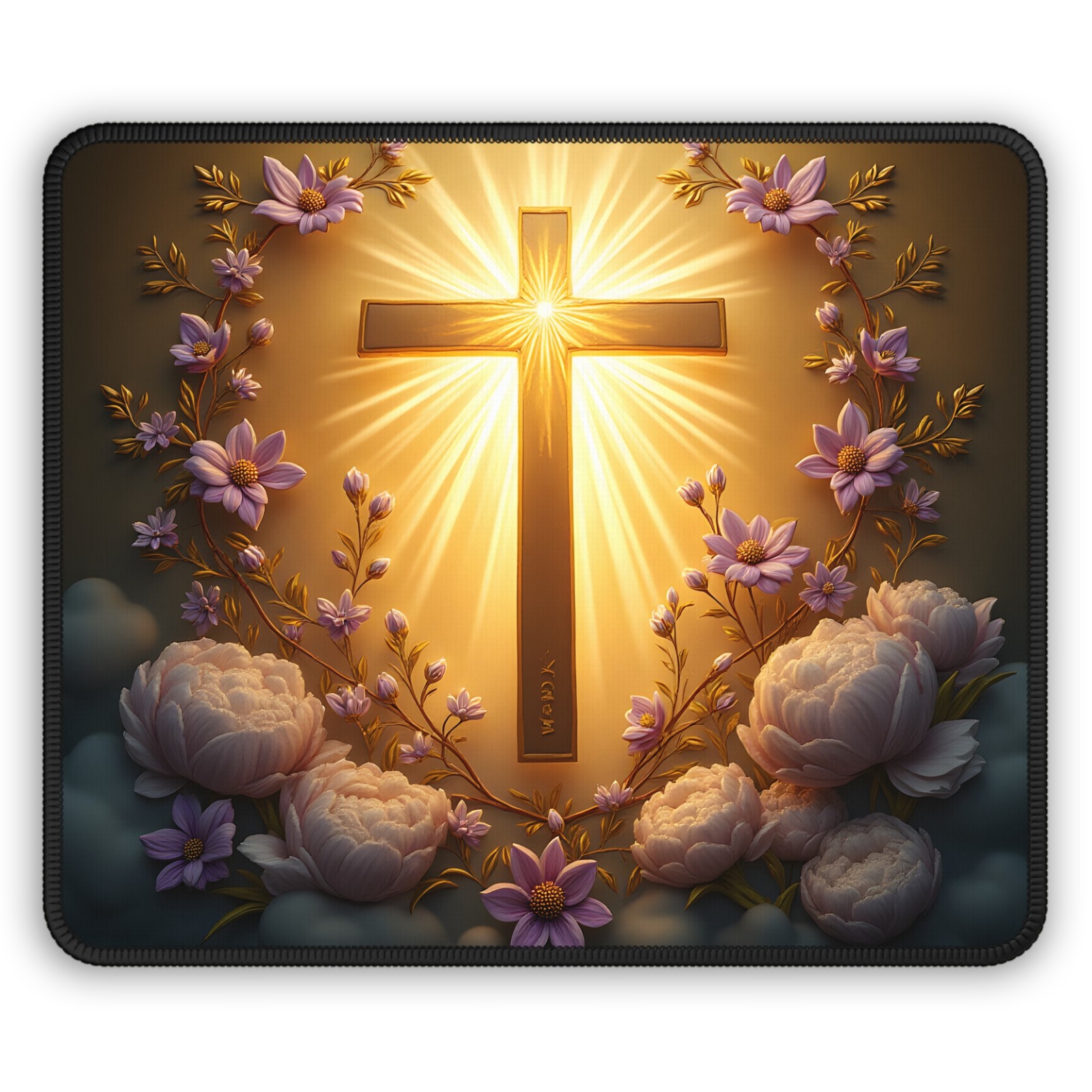 Radiant Cross with Floral Wreath Gaming Mouse Pad | Christian Devotional Desk