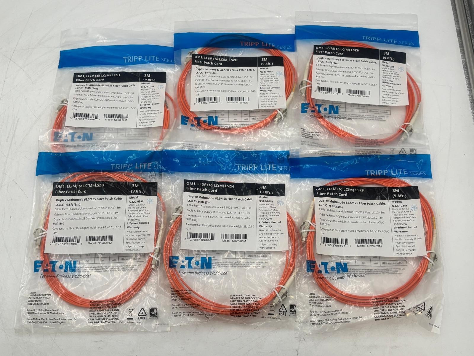 Lot of 6 Tripp Lite N320-03M Duplex Multimode Fiber Patch Cable, LC/LC - 3M