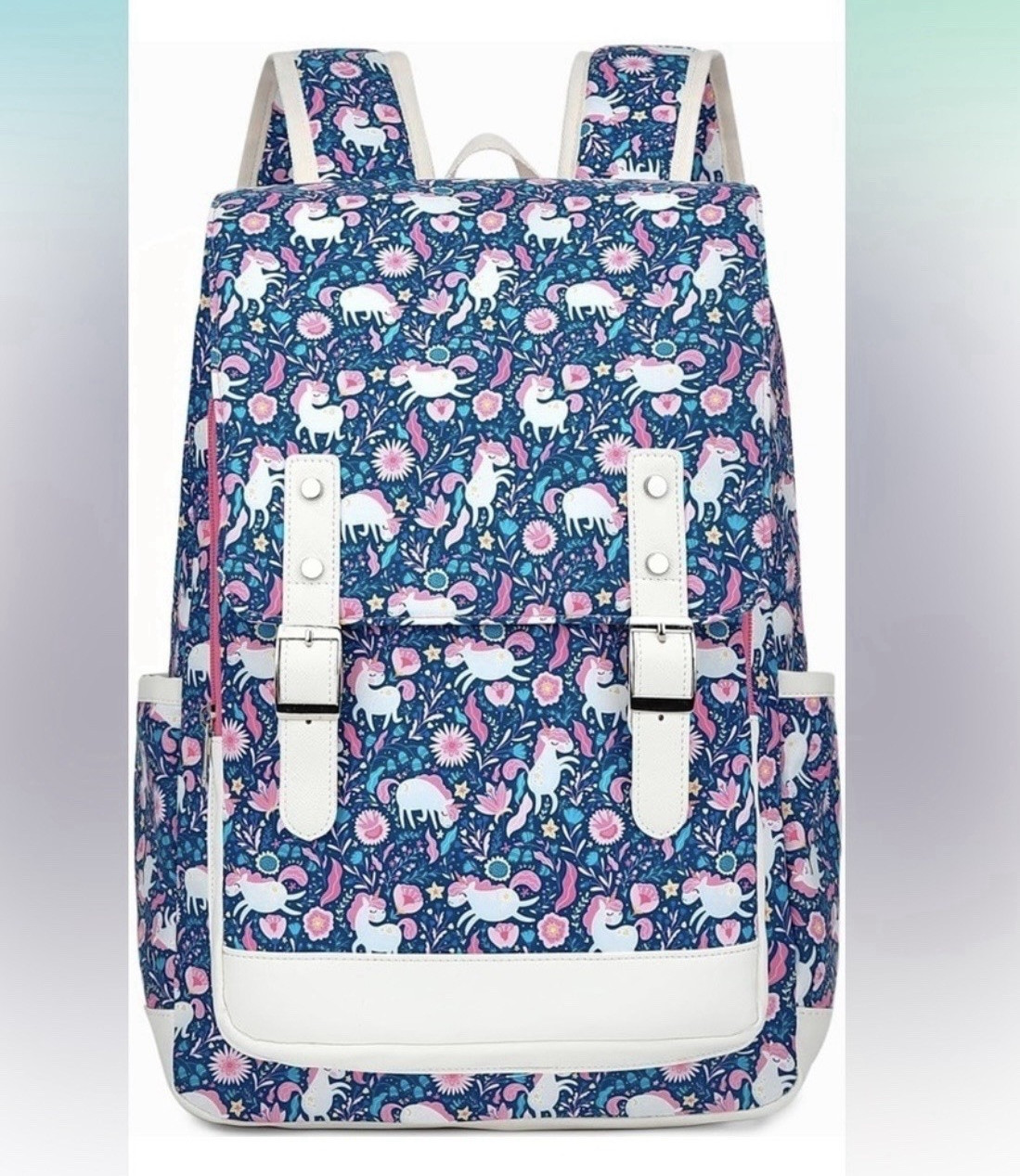 Blue Floral Unicorn Water-Resistant Backpack w/ Padded Laptop Pocket 14-15 in