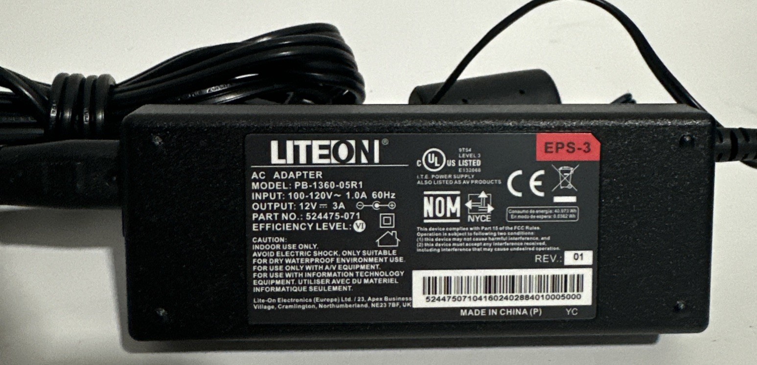 Liteon EPS-3 12V 3A Charger 100-240V AC Adapter PB-1360-05R1     5.5mm