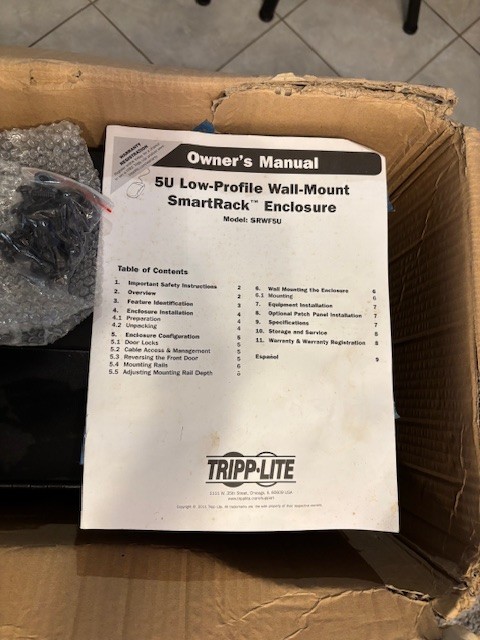 Tripp Lite SmartRack Wall Mount Server Rack 5U SRWF5U36. Open Box.