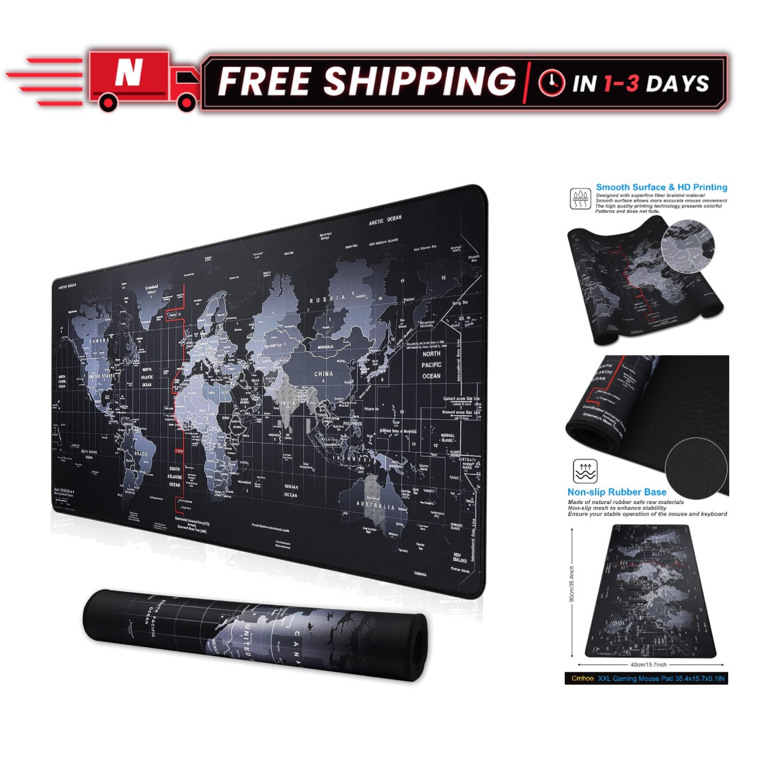 XXL Professional Gaming Mouse Pad - Non-Slip, Washable Map Design 35.4x15.7